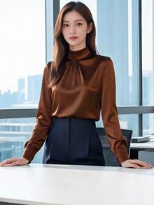 女款優雅黑色緞面襯衫，立領百褶長袖上衣，專業通勤顯瘦優雅緞面，適合辦公室或正式休閒場合，純色鈕扣，四季皆宜 - 咖啡棕 - 查看 8