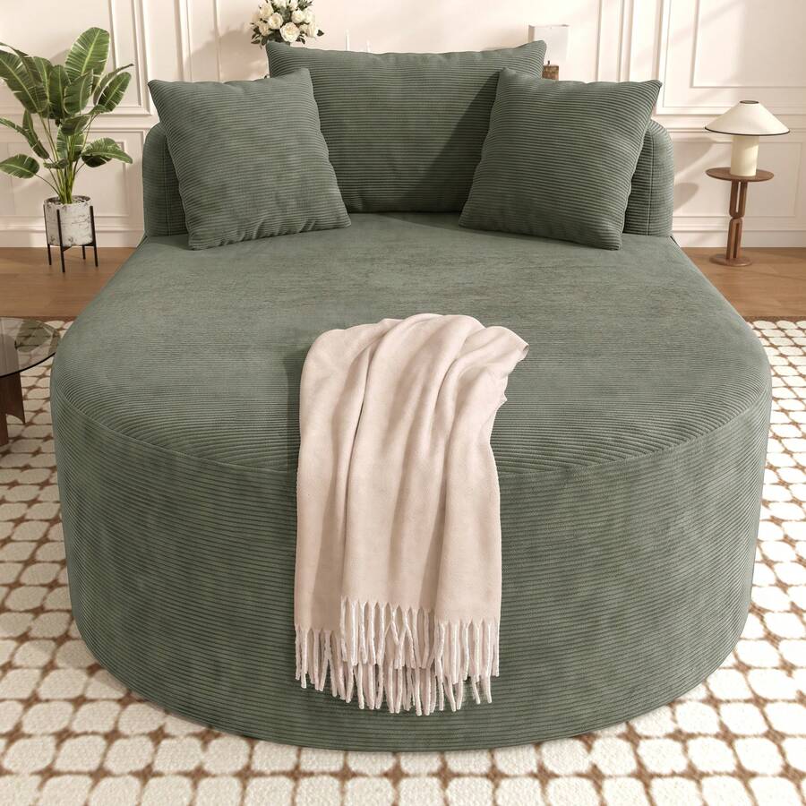 Compressed Oval Recliner In Corduroy, No Assembly Required, Good Spring Effect, 122 Cm Deep Seat, Minimalist Single Armchair In Solid Color, Pet-Friendly Armchair For Living Room - Gray-green - View 1