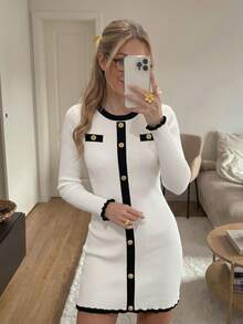 Women's Elegant Autumn/Winter Sweater Elegant Ceremony Dress With Black-And-White Patchwork,Going Out Dress Cabaret Dress Fall - Multicolor - View 4