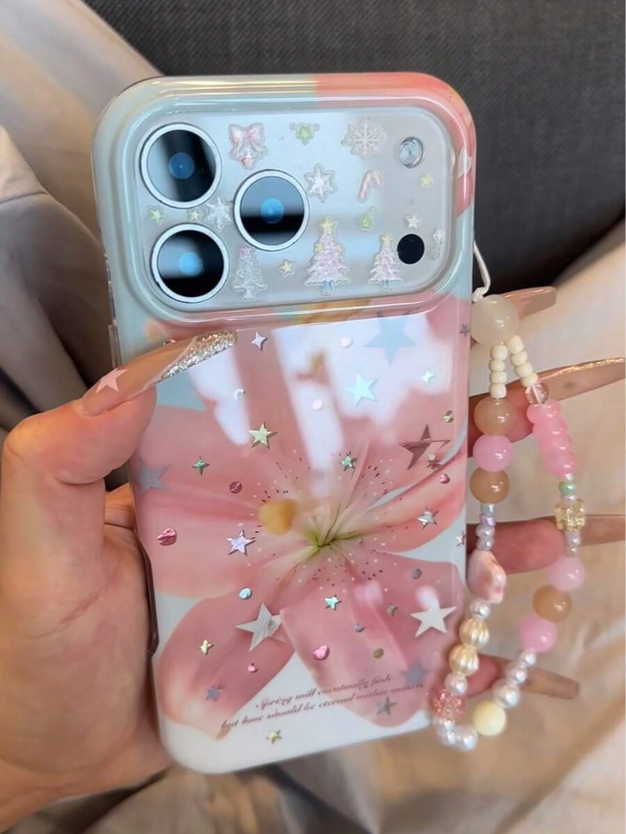 Niche Korean Style Spring/Summer Aesthetic Pink Star Rhinestone Lily Flower Phone Case Compatible With Iphone 17 Pro Max, 16 Pro, 15 Pro, 14, 13, Double Layer New Design, Girly Protective Cover For Women - Pink - View 1