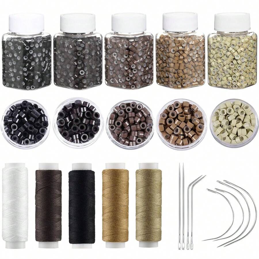 2500pcs Silicone Lining Beads, Hair Extension Tool Kit For Hair Styling And Wig DIY, 8pcs C/J/I Hair Pins, 5 Rolls Sewing Thread, Hair Extension Tool Set