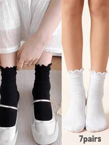 3/5/7/12 Pairs Women White Ruffle Frill Crew Socks, Striped Soft Breathable, Casual Daily For Loafer Mary Jane - White - View 12