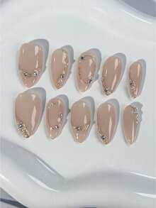 qihangxin 10pcs Handmade Almond Shaped Press-On Nails, Medium Size, Luxury High-End Style, Gold-Plated Craftsmanship, Rhinestone Embellished, Autumn Brown & Gold Nails, Includes Tool Kit, Suitable For Daily Wear And Holiday Gifts - Multicolor - View 14