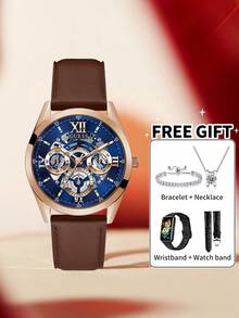 Guess Men's Vintage Styled Openwork Watch Rich Chocolate Leather Strap Warm Tone Bezel Roman Numeral Track Analog Quartz Wristwatch Business Promotions Gift - one-size - View 2