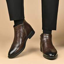 Sepatu Bot Chelsea Kulit Asli Mewah Pria Musim Gugur/Dingin, Setinggi Mata Kaki, Model Slip-On Premium, Tali Gesper, Ujung Sepatu Berukir, Cokelat, Gaya Dasar - Coklat - View 4