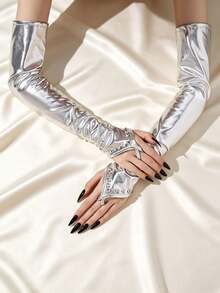 1件長款彈性女款派對舞會袖套手套 - 銀色 - 查看 3