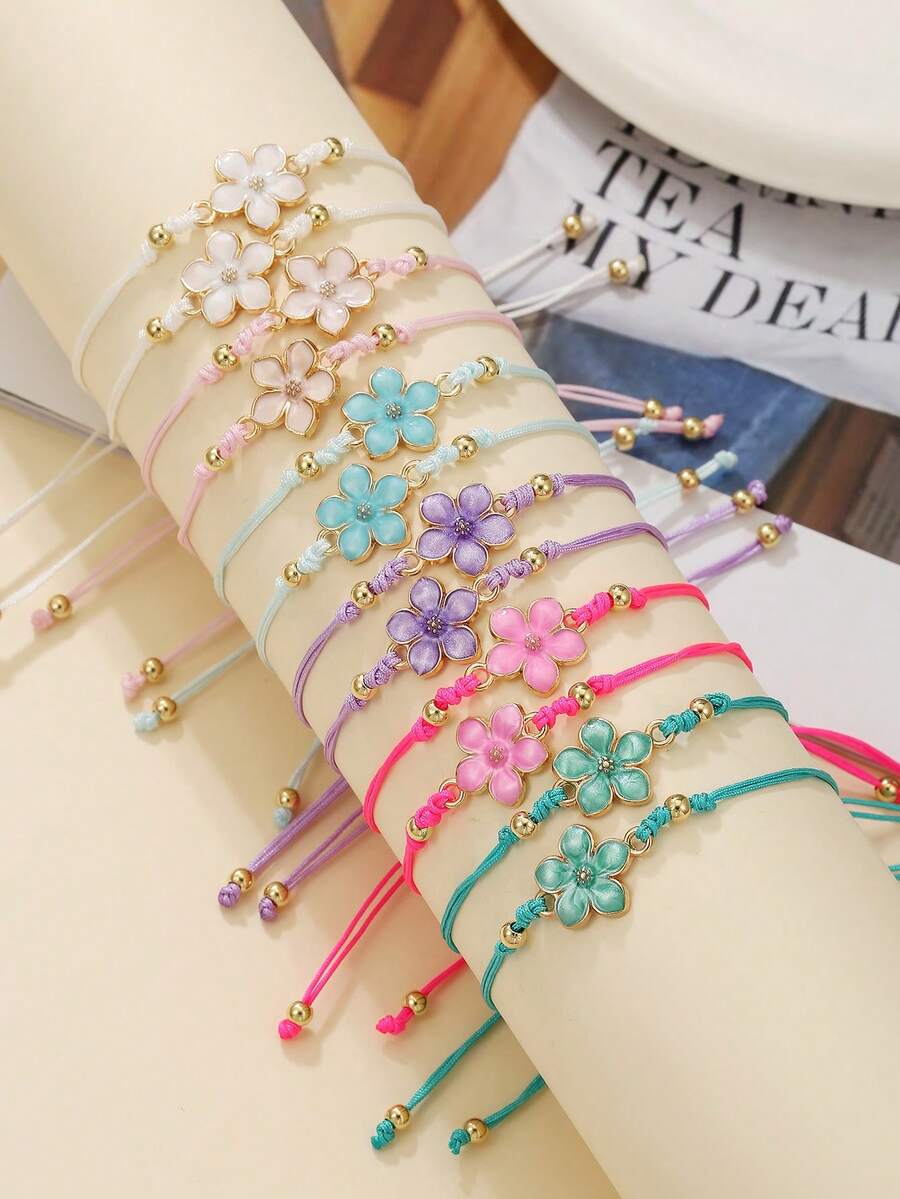 12件組清新花卉滴油編織手鍊套組，適合女性，可與家人朋友分享並日常配戴 - 彩色 - 查看 1