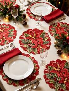 8pcs/4pcs/1pc Round Placemats, Winter Floral And Pine Cone Pattern, Suitable For Christmas Party Decoration, Theme Party, Christmas Dinner, Vintage Style Party - One Size Fits All - View 8