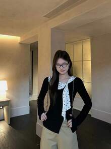 Women's Black Polka Dot Ruffle Collar Long Sleeve T-Shirt, Autumn High-End Slim Fit Split Hem Flattering Versatile Top - Black - View 5