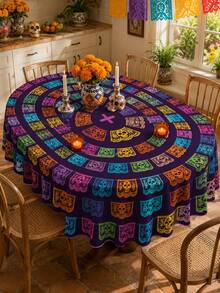 1 pieza Mantel redondo del Día de Muertos, mantel de poliéster con estampado de tiras de papel de calaveras coloridas, estilo mexicano para mesa de comedor, cocina, fiesta del Día de Muertos, celebración festiva y decoración del hogar - Multicolor - Ver 6