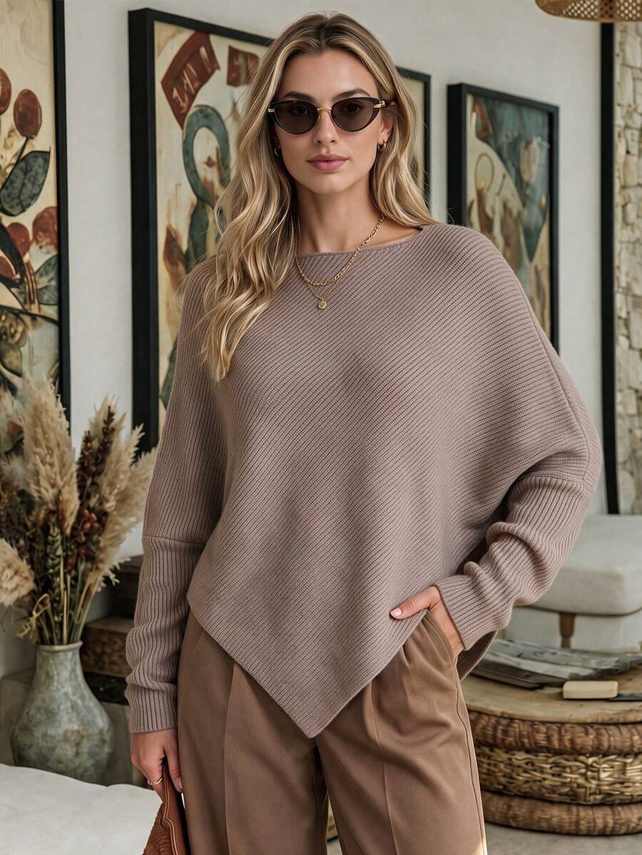 NiceArt Women's Autumn/Winter Brown Vintage Batwing Sleeve Knit Sweater, Boat Neck Diagonal Ribbed Knit Asymmetrical Hem Pullover, Autumn Outfit, Office Commute, Social - Mocha Brown - View 1