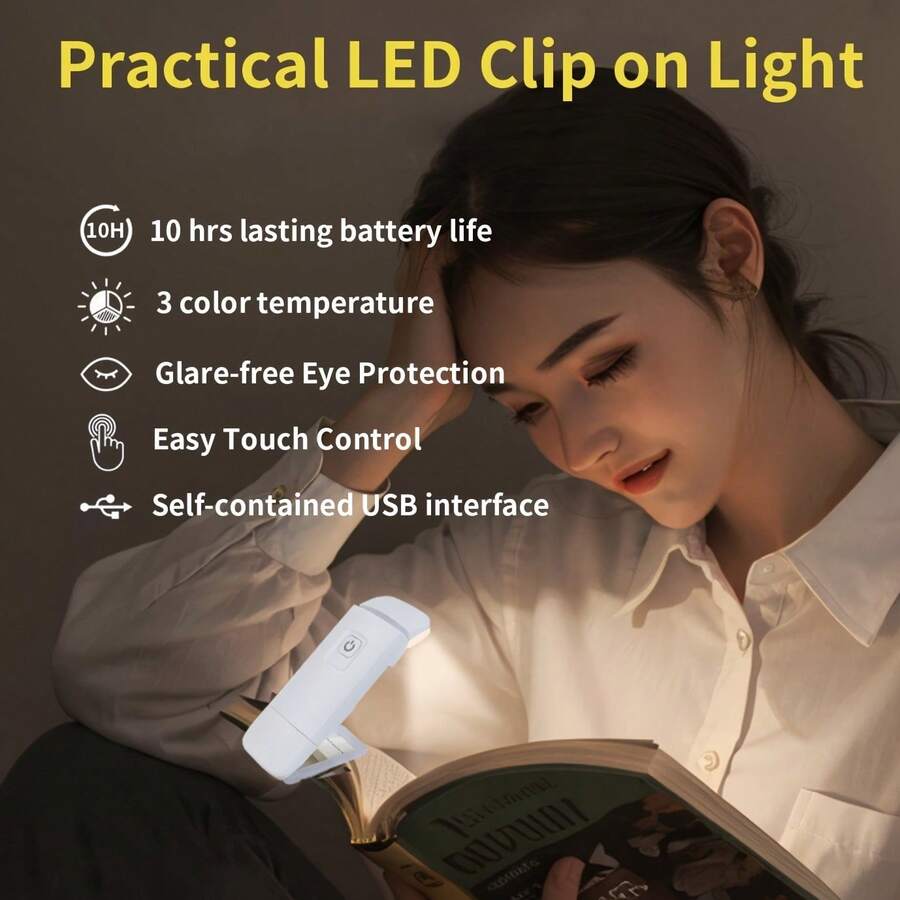 Portable LED Reading Light, USB Rechargeable Clip-On Bedside Book Light, 3-Mode Dimmable Eye-Protection Night Light, Portable Travel Light, Dedicated Bookmark Reading Light For Books, Ideal Gift For Book Lovers And Students (4 Colors Available)
