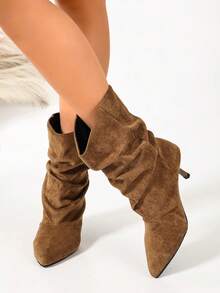 Women's Autumn/Winter Brown Slouch Mid-Calf Boots, Pointed Toe Kitten Heel Ruched Slip-On Fashion Boots, Minimalist Elegant French Vintage Style, Suitable For Daily Commute, Dating And Party - Brown - View 8
