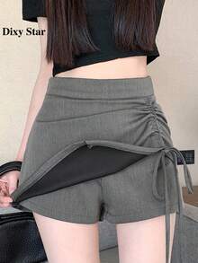 Rok Mini A-Line Berpinggang Tinggi dengan Tali Serut dan Kain Jas yang Menjuntai untuk Musim Semi - Grey - View 2