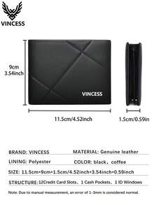 VINCESS Men's Genuine Leather Wallet, Fashionable Slim Card Holder With Multiple Slots And RFID Blocking, Cowhide Coin Purse, Fashionable Geometric Design, Casual Fashion Daily Use, Perfect For Men's Holiday Gift, Valentine's Day Gift - Black - View 6