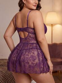 DITZN 1pc Plus Size Women's Lingerie, Lace Hollow Design, Sexy Plus Size Lingerie - Purple - View 4
