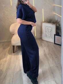 Vaiaye 女款夏季綠色運動兩件套，短袖上衣 + 寬腿運動長褲，適合健身房、街頭穿搭、海灘與度假 - 藏青色 - 查看 2