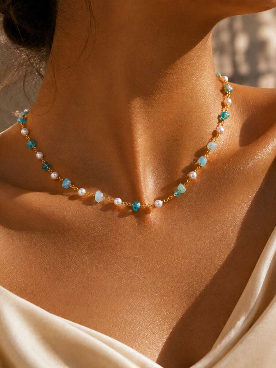 1pc Bohemian Fashion Gradient Asymmetrical Faux Pearl Beaded Necklace For Women, Suitable For Daily Wear, Vacation, Commuting, Party (Crushed Stone Color, Quantity And Shape Random) - Multicolor - View 1