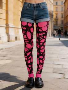 1 Set Women's Gothic Style Hollow Out & Solid Color Tights Set, Unique Style, Plus Size, Rainbow Color, Women's Long Stockings - Multicolor - View 4