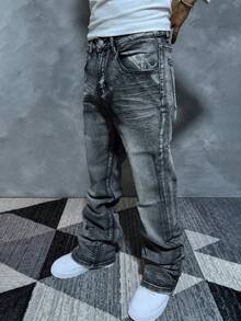 Black Gray Washed Micro Flare Denim Jeans, Street Style Layered Denim Pants, Stacked Layered Micro Flare Denim Jeans, All Season Wear Daily Commute Flare Denim Jeans - Grey - View 1