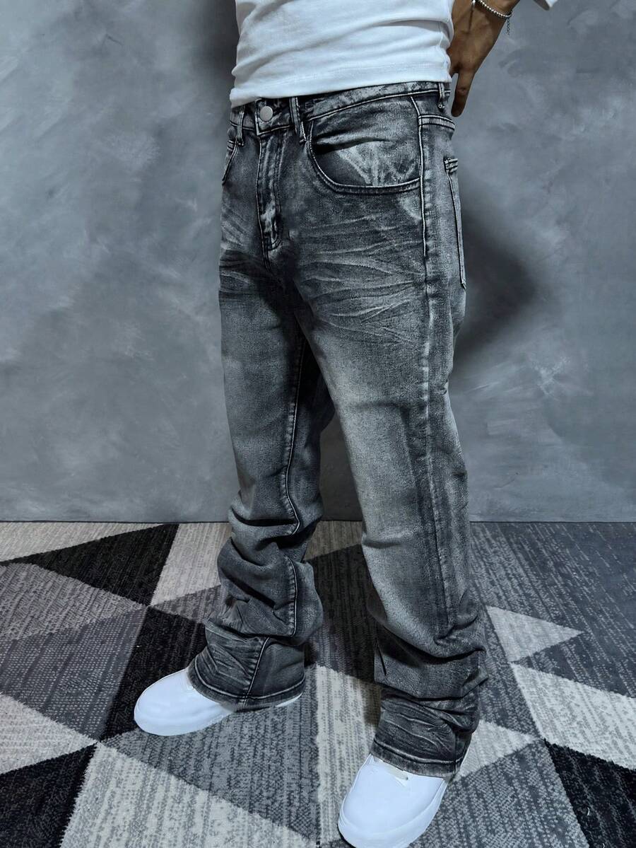 Black Gray Washed Micro Flare Denim Jeans, Street Style Layered Denim Pants, Stacked Layered Micro Flare Denim Jeans, All Season Wear Daily Commute Flare Denim Jeans - Grey - View 1