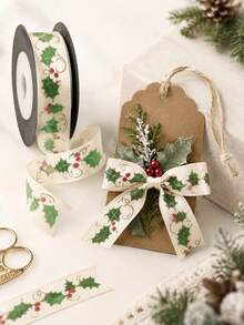 4.5m Vintage Holly Print Ribbon, Suitable For Gift Wrapping, Holiday Party Celebration Bow Decoration, Also For Sewing DIY Handmade Crafts - Multicolor - View 1