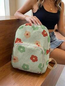1 Piece Backpack, Women's Mini Backpack, Corduroy Girl's School Bag, Travel Storage Bag, Flower‑Printed Design, Large‑Capacity Foldable Easy‑To‑Store Bag, Lightweight And Pressure‑Relieving, Multi‑Pocket Layered Design With Zipper Closure - Cartoon Flower 22967 - View 1