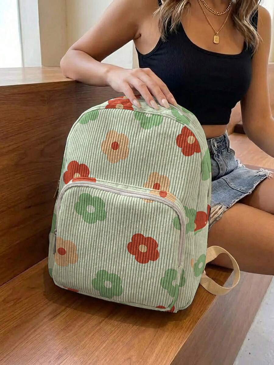 1 Piece Backpack, Women's Mini Backpack, Corduroy Girl's School Bag, Travel Storage Bag, Flower‑Printed Design, Large‑Capacity Foldable Easy‑To‑Store Bag, Lightweight And Pressure‑Relieving, Multi‑Pocket Layered Design With Zipper Closure - Cartoon Flower 22967 - View 1