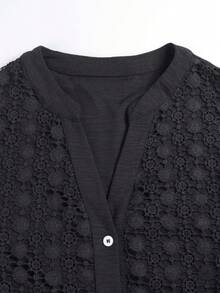 Women's Plus Size Lace Patchwork Notched Collar Front Button Long Sleeve Ruffle Blouse, Roll-Up Sleeves - Black - View 5