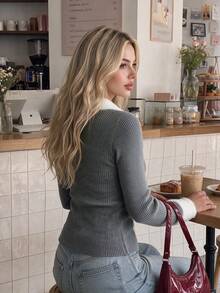 Aflion Women Fall Grey Ribbed Knit Zip Up Cardigan, Furry Collar & Cuff Long Sleeve Fitted Sweater For Date, Daily & Street Wear - Grey - View 2
