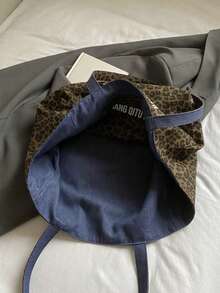 Leisure Retro Artistic Style Practical Texture Leopard Print Tote Bag, Letter Decoration Design, Reversible, Suitable For Commuting And Gatherings - Multicolor - View 11