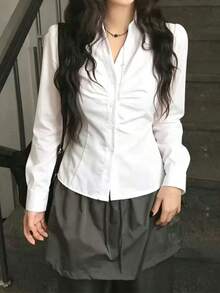 Korean Style Slim Fit Flattering Collar Waist-Cinching Versatile Short Sleeve Shirt - White - View 2