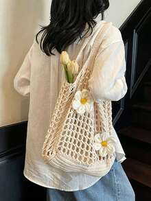 Yogodlns Women Knitted Hollow Out Tote Bags New Large Capacity Shoulder Composite Bag Weave Beach Vacation Handbags Summer Western Knitted Tote Bag For Women - Beige - View 2