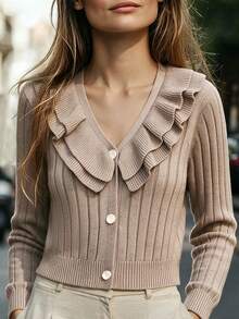 Cardigan Rajut Wanita Warna Oatmeal Musim Gugur/Semi dengan Ruffle Ganda, Leher V, Lengan Panjang Pendek, Kancing Mutiara di Depan, Lembut, Elegan, Kasual, Cocok untuk Kantor dan Kencan. - Warna karang - View 4