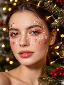 Christmas Warm Tone Face Decoration Sticker Set, Gingerbread Man, Snowman, Candy, Sock Pattern Facial Decoration Sticker Set With Tweezers, Holiday Party Makeup Accents, Face Stickers - Multicolor - View 4