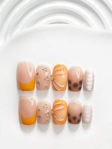 10pcs Handmade Press-On Nail Set, Poly Gel Nails, Water Drop Pattern, Rhinestone Decor, Yellow, White & Brown Nail Polish, Unique Style, Includes Nail Tools, 3 Sizes Available, Square, Short Square, Almond Shape, Suitable For Party, Dance, Daily Wear - Multicolor - View 17