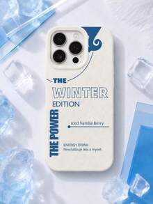 1pc Minimalist Text 15 14 13 12 11 18Pro Max 17Pro Max Phone Case, Cream White Textured Leather Background, Klein Blue "The Winter Edition The Power" Energy Drink Text Abstract Curve Pattern, Cream White Border Shockproof Phone Case - Beige - View 2