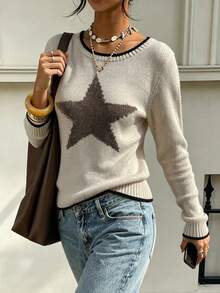 LOVE JOYY Women's Casual Star Pattern Colorblock Knit Sweater, Round Neck Long Sleeve Colorblock Top, Suitable For Daily Casual Autumn/Winter Wear - Apricot - View 8