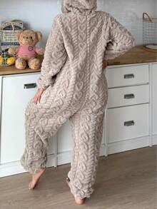 1pc Women's Hooded Fluffy Jumpsuit With Ears, Heart Pattern, Solid Color, Cute, Comfortable, Warm, Suitable For Autumn/Winter, Cozy Outfits - Camel - View 7