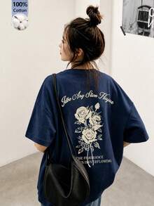 女款圓領寬鬆百搭簡約字母與玫瑰花圖案短袖T恤，春/夏休閒款 - 藏蓝色 - 查看 2