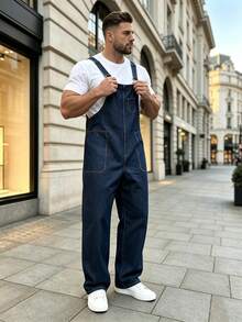 Men's Raw Denim Dungarees Contrast Stitch Straight Leg Overalls - Navy Blue - View 8