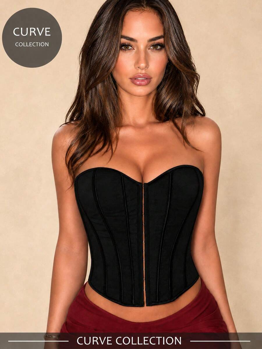 Apperloth A Black Hollow Front Open Backless Corset Bustier, Steel Bone Support, Nightclub Style Short Tube Top, Punk Music Festival Halloween Style - Black - View 1