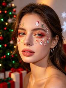 Christmas Warm Tone Face Decoration Sticker Set, Gingerbread Man, Snowman, Candy, Sock Pattern Facial Decoration Sticker Set With Tweezers, Holiday Party Makeup Accents, Face Stickers - Multicolor - View 2