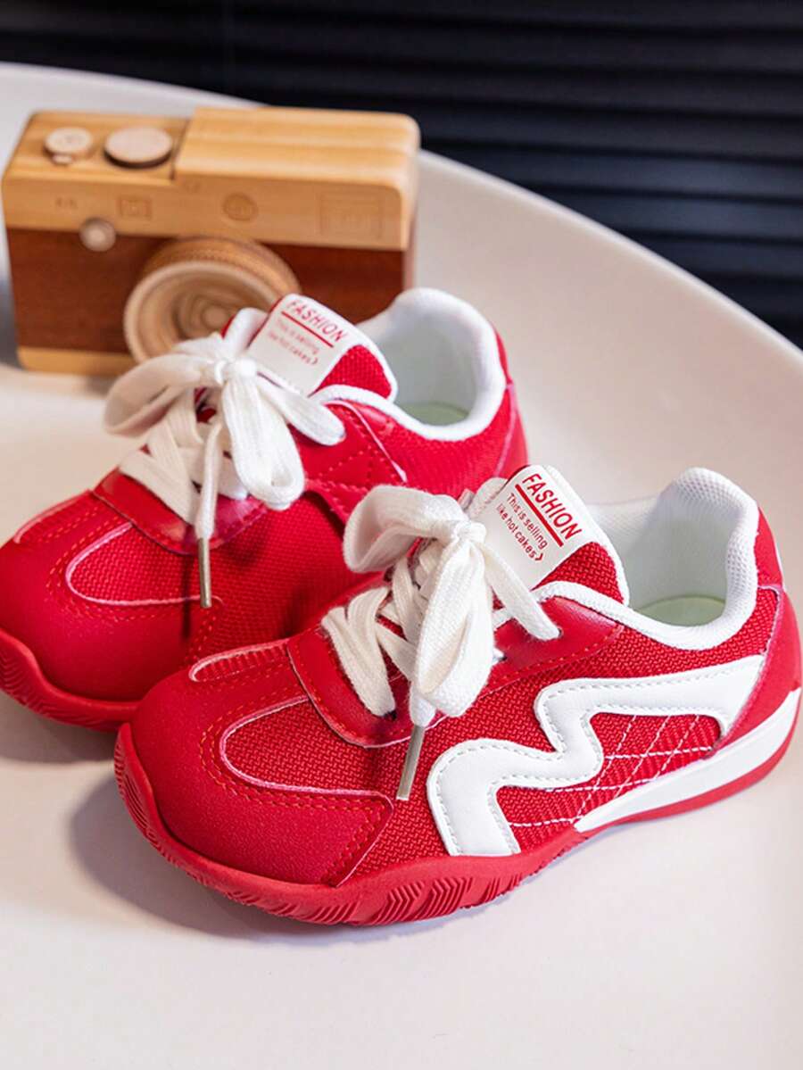 Kids Gray Yellow Color Block Mesh Sneakers Breathable Lace Up Non-Slip Outdoor Walking Shoes - Red - View 1