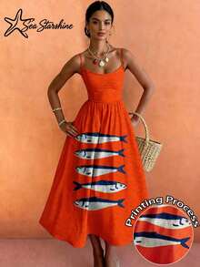 New Spring/Summer Sleeveless Fish Print Dress, Suitable For Beach Vacation And Afternoon Tea Elegant - Orange - View 1