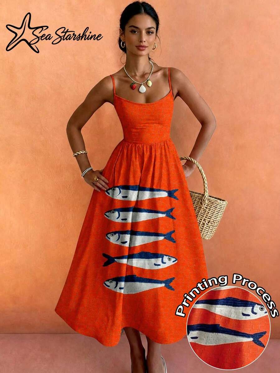 New Spring/Summer Sleeveless Fish Print Dress, Suitable For Beach Vacation And Afternoon Tea Elegant - Orange - View 1
