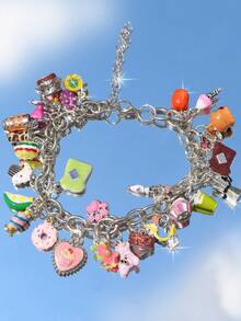 1pc Cute Fruit Cake Charm Bracelet, Chocolate Toast Donut Bracelet, Coffee Bean Fun Bracelet - Silver - View 9