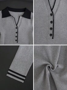 女款秋季韓系休閒甜美風拼色 Polo 領針織毛衣，修身顯瘦長袖上衣，溫柔優雅百搭內搭層 - 灰色 - 查看 8