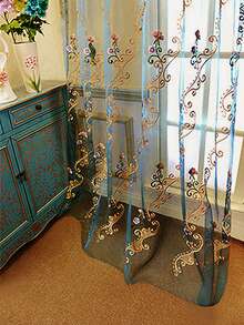Single Panel, Lake Blue Premium Embroidered Sheer Curtain, European Luxury Personalized Old Money Floral Pattern Embroidered Window Curtain, Suitable For Living Room, Bedroom Windows And Door Decoration, Curtain Rod Not Included - Blue - View 4