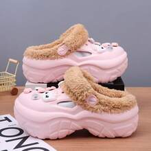 Women's Thick Sole Platform Clogs With Thermal Lining, Cute Apple & Kitten Bell Decor, Closed Toe Fuzzy Slippers, Warm Anti-Slip Nurse Clogs For Indoor/Outdoor, Winter 2025 New Style - Pink - View 4